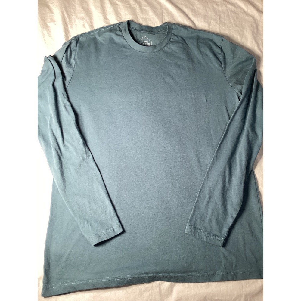 True Classic Mens Long Sleeve T-Shirt Blue Green Crew Neck Premium Fit Large